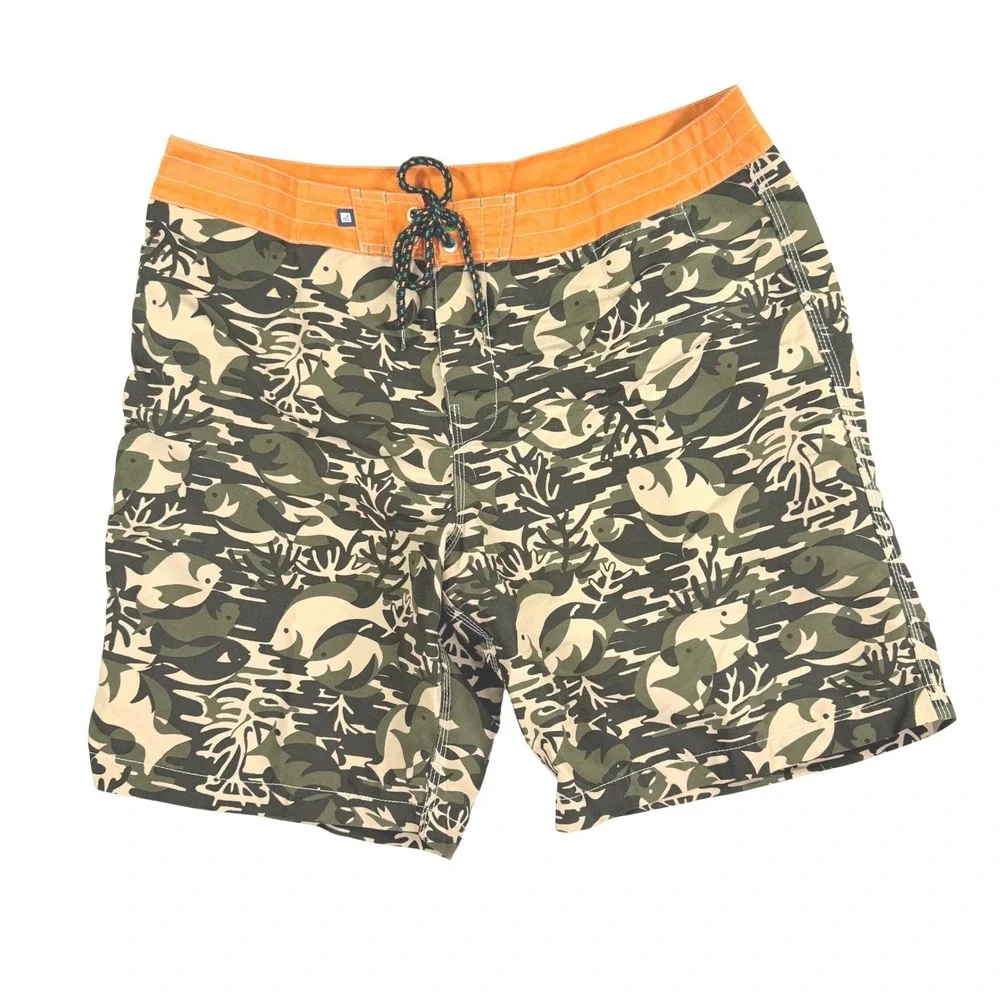 Sperry Board Shorts‎ Mens 36 Green Orange Fish Camo Print Swim Trunks Surf